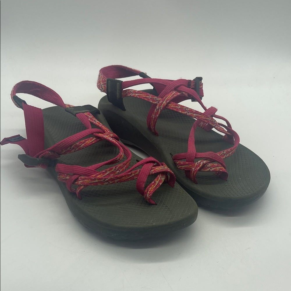 Chaco Women's Strappy Sandals - Pink Straps Olive Green Soles Sz 11